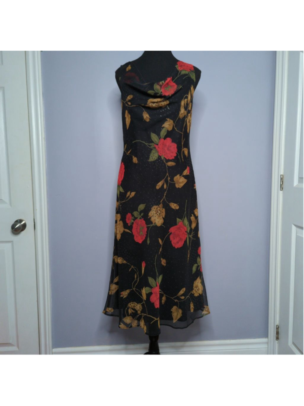 Vintage 90s Galleria Floral Cowl Neck Dress Sz 8 Sheer Layer Glitter